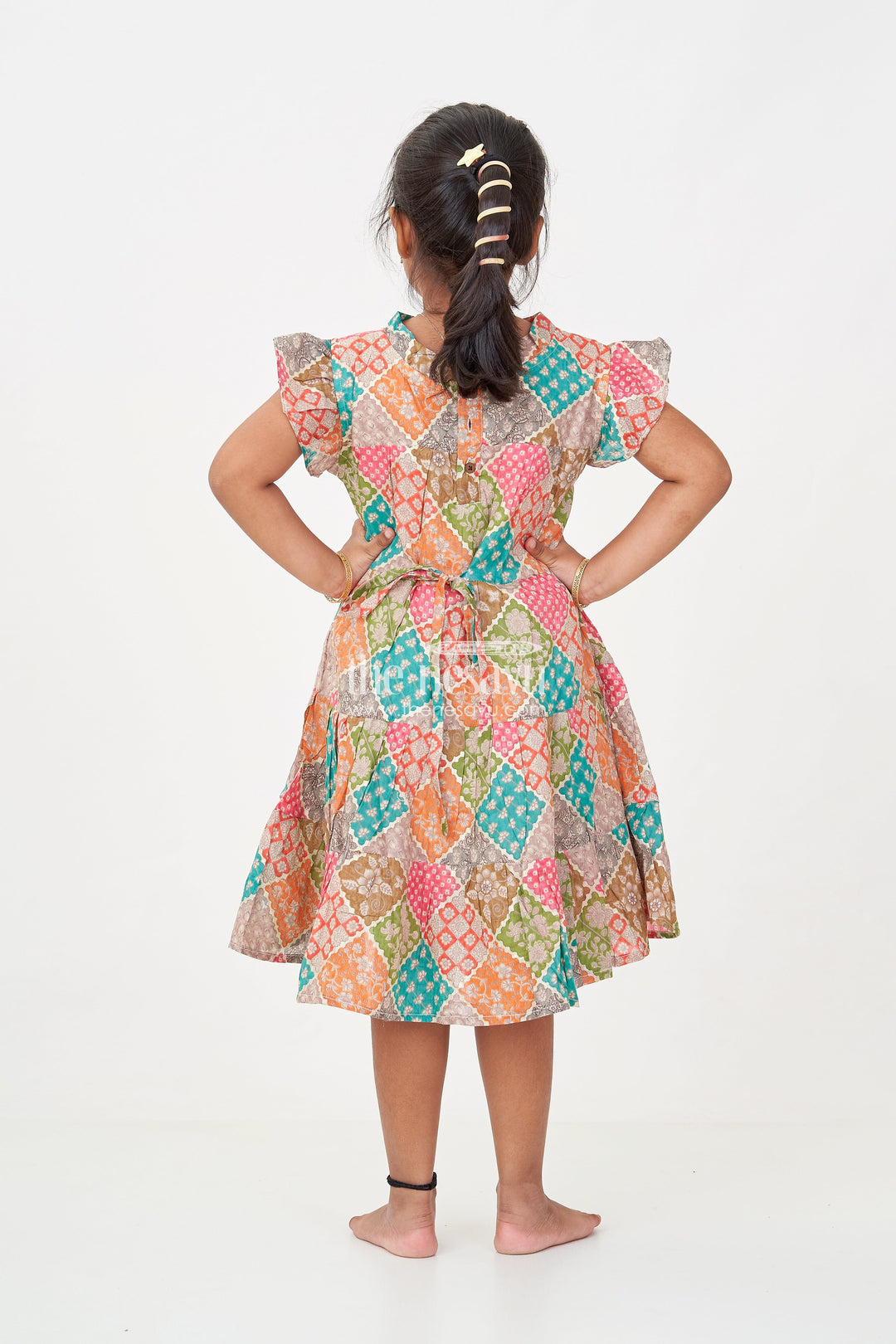 The Nesavu Girls Cotton Frock Designer Party Wear Frock for Girls in Cotton with Multicolor Patch Digital Print and Frilled Sleeves Nesavu Nesavu Designer Party Wear Frock Girls Cotton Multicolor Patch Print Ruffle Sleeves