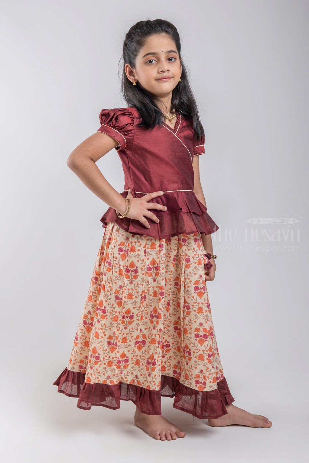 The Nesavu Pattu Pavadai Designer Pattu Pavadai for Baby Girls: Comfort & Style Combined Nesavu Brown Floral Printed Pattu Pavadai | Premium Silk Collection | The Nesavu