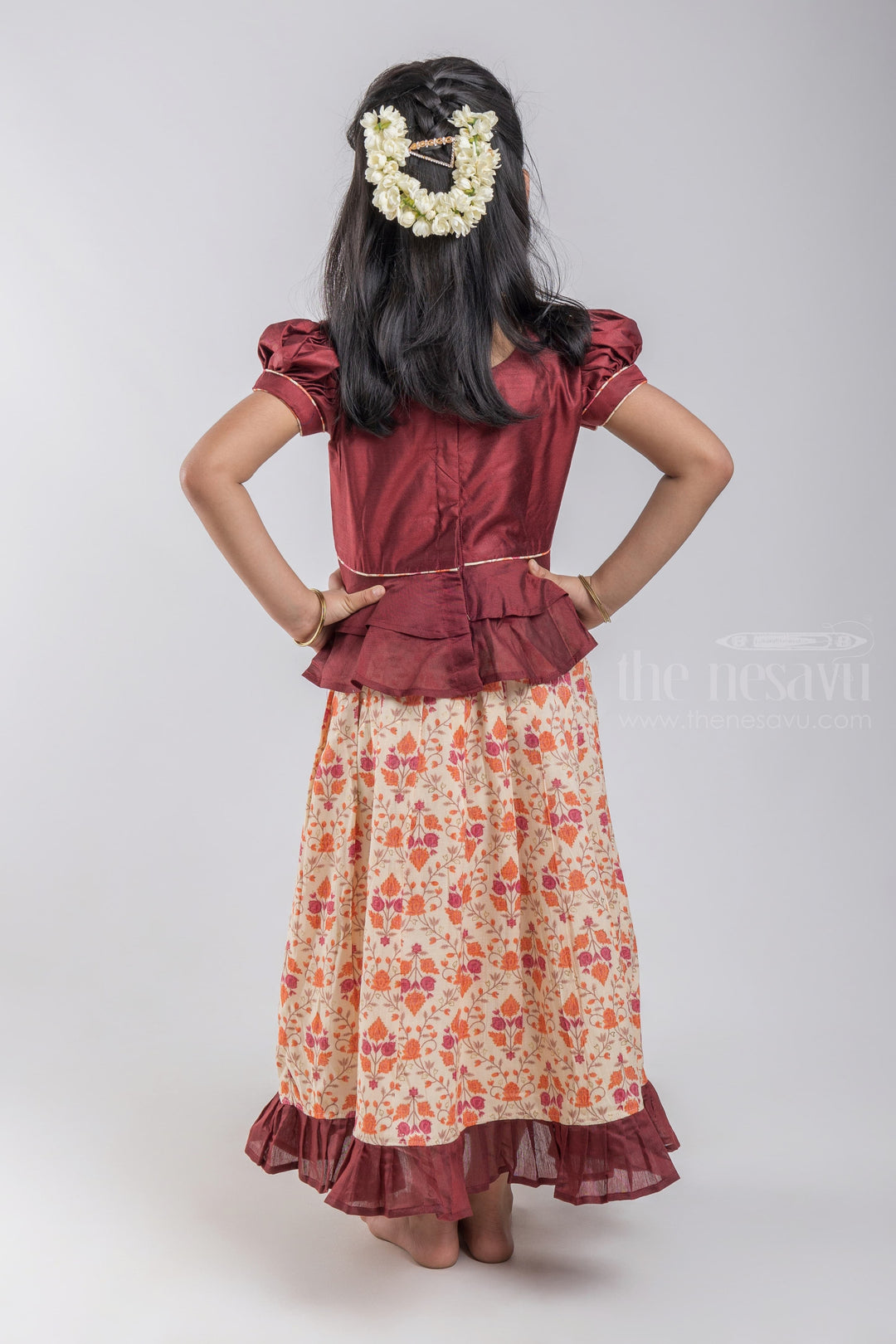 The Nesavu Pattu Pavadai Designer Pattu Pavadai for Baby Girls: Comfort & Style Combined Nesavu Brown Floral Printed Pattu Pavadai | Premium Silk Collection | The Nesavu