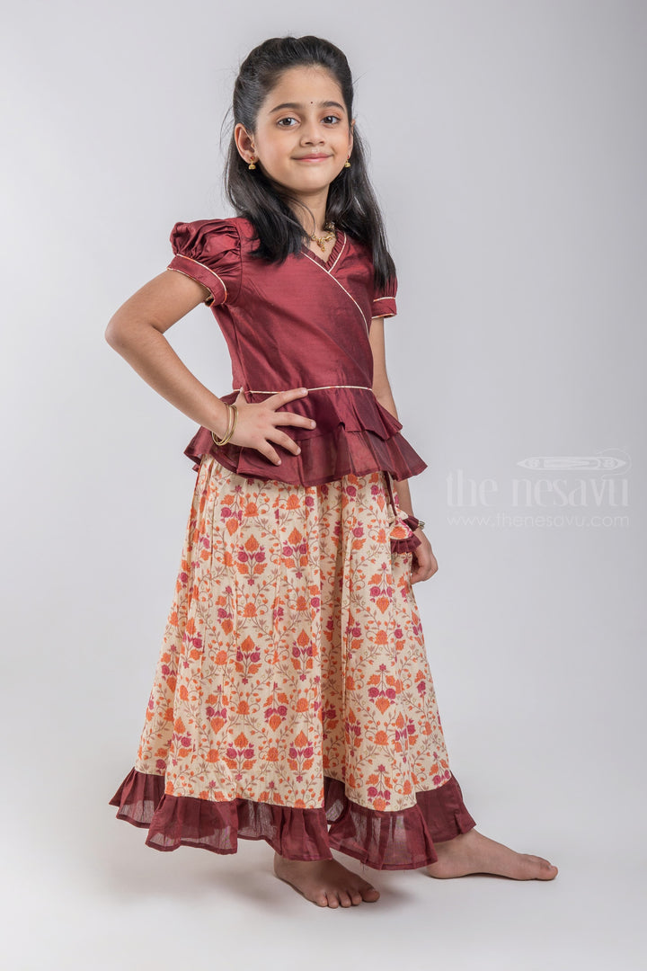 The Nesavu Pattu Pavadai Designer Pattu Pavadai for Baby Girls: Comfort & Style Combined Nesavu Brown Floral Printed Pattu Pavadai | Premium Silk Collection | The Nesavu