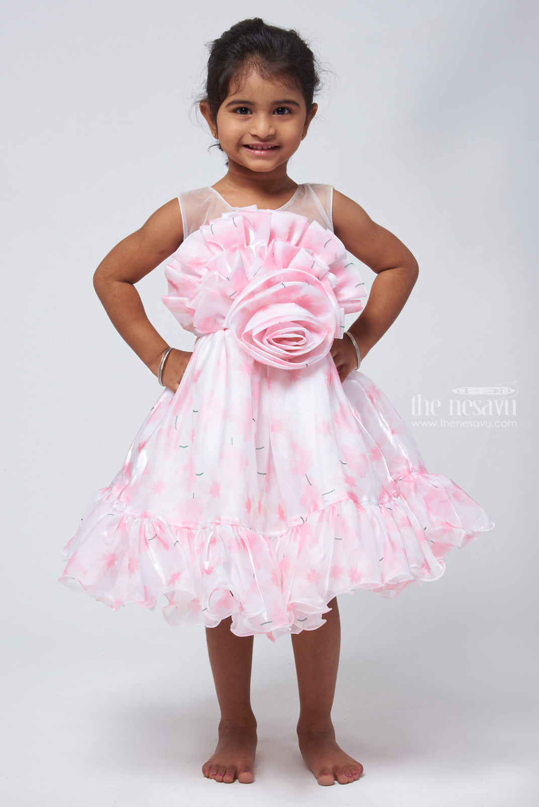 The Nesavu Party Frock Designer Pink Organza Party Dress: Floral Bow & Flared Detail for Young Girls Nesavu 16 (1Y) / Pink PF125A-16 Floral Designer Party Wear for Girls | Organza Dresses for Little Girls | The Nesavu