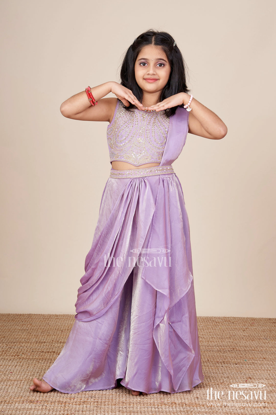 The Nesavu Girls Sharara / Plazo Set Designer Sharara Set with Organza Flair and Heavily Embroidered Yoke Nesavu 24 (5Y) / Purple GPS631A-24 Nesavu girls designer organza sharara set heavy embroidery  premium festive wear