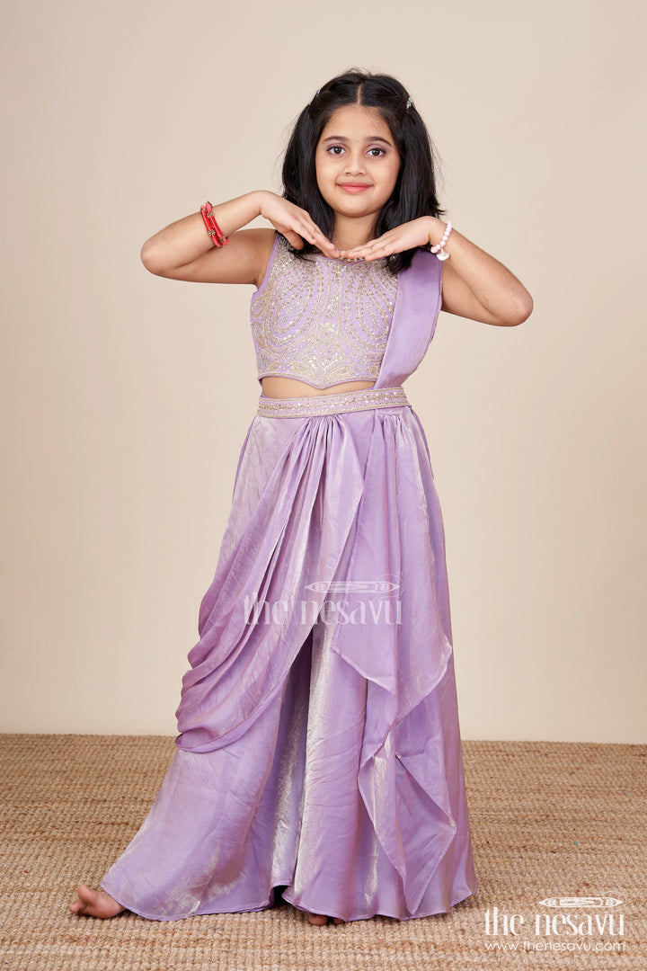 The Nesavu Girls Sharara / Plazo Set Designer Sharara Set with Organza Flair and Heavily Embroidered Yoke Nesavu 24 (5Y) / Purple GPS631A-24 Nesavu girls designer organza sharara set heavy embroidery  premium festive wear