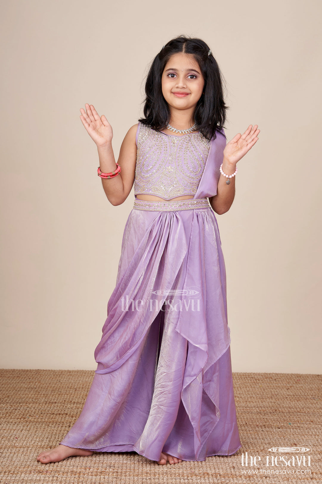 The Nesavu Girls Sharara / Plazo Set Designer Sharara Set with Organza Flair and Heavily Embroidered Yoke Nesavu Nesavu girls designer organza sharara set heavy embroidery  premium festive wear
