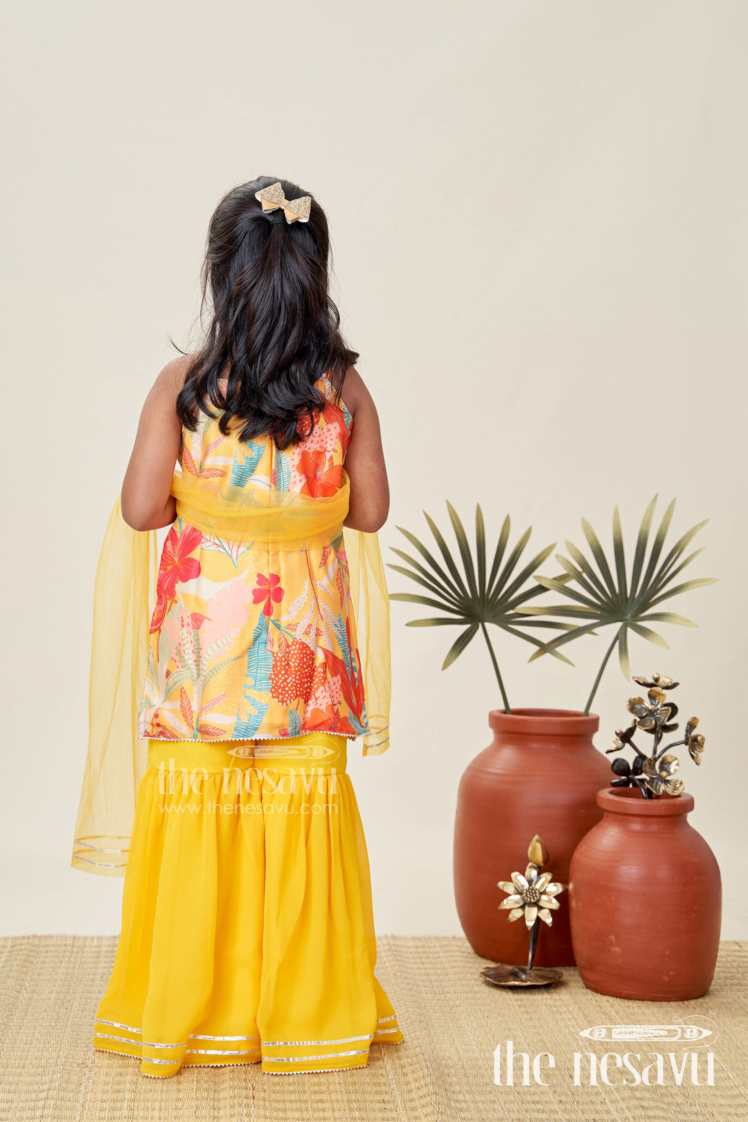 The Nesavu Girls Sharara / Plazo Set Designer Sharara Suit for Girls Traditional Occasion Set Nesavu Nesavu Girls Yellow Designer Sharara Suit Floral Print Top Ruffle Bottom Chinon Fabric