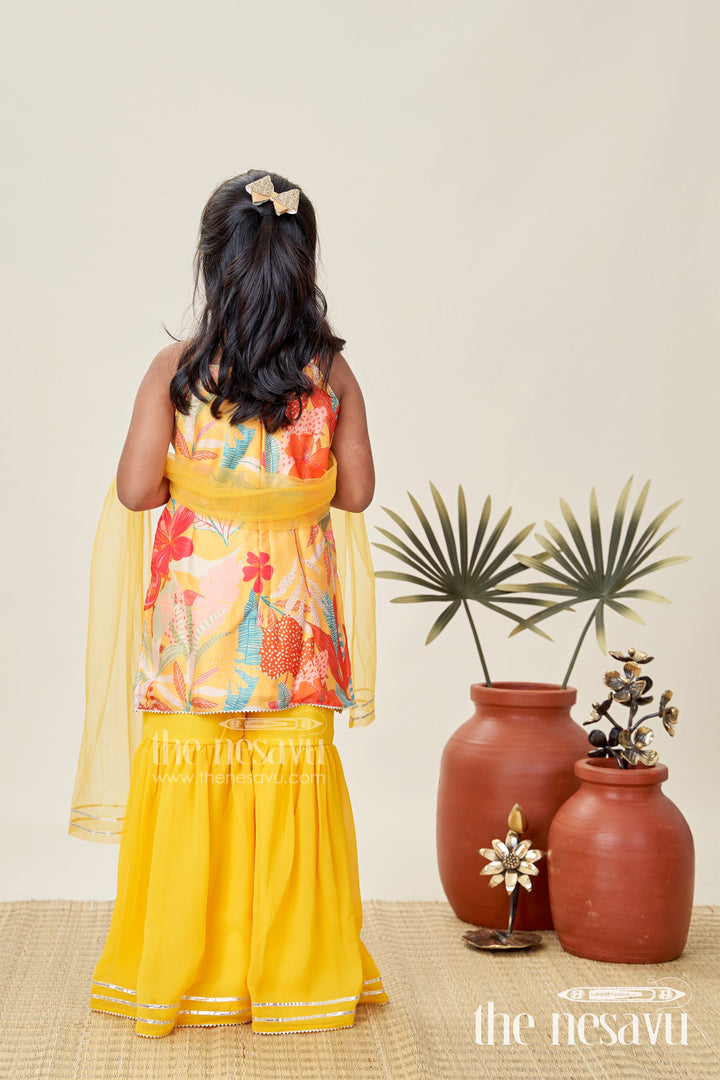 The Nesavu Girls Sharara / Plazo Set Designer Sharara Suit for Girls Traditional Occasion Set Nesavu Nesavu Girls Yellow Designer Sharara Suit Floral Print Top Ruffle Bottom Chinon Fabric