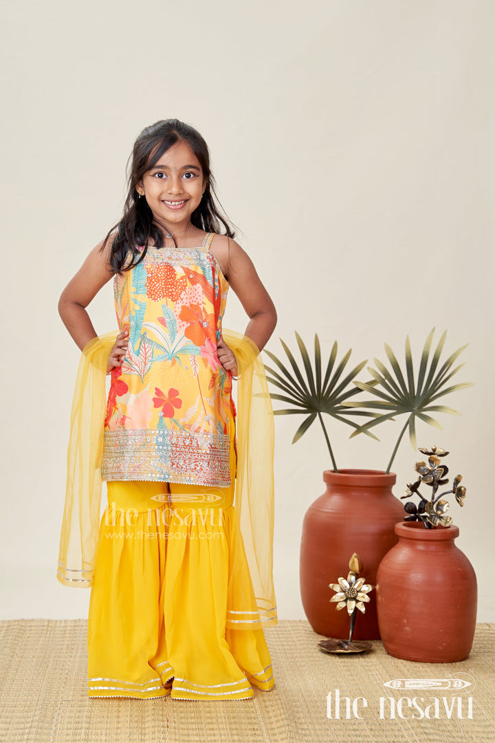 The Nesavu Girls Sharara / Plazo Set Designer Sharara Suit for Girls Traditional Occasion Set Nesavu Nesavu Girls Yellow Designer Sharara Suit Floral Print Top Ruffle Bottom Chinon Fabric