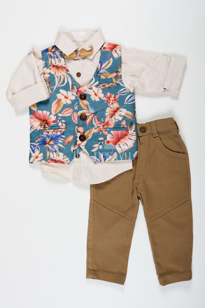 The Nesavu Boys Jacket Sets Designer Shirt Set for Boys with Cream Shirt and Green Floral Digital Print Jacket in Cotton Blend and Olive Bottoms Nesavu 16 (1Y) / Green BCS223B-16 Designer Shirt Boys Jacket Set with Green Floral Print and Cotton Blend Fabric for Everyday Sophistication | The Nesavu
