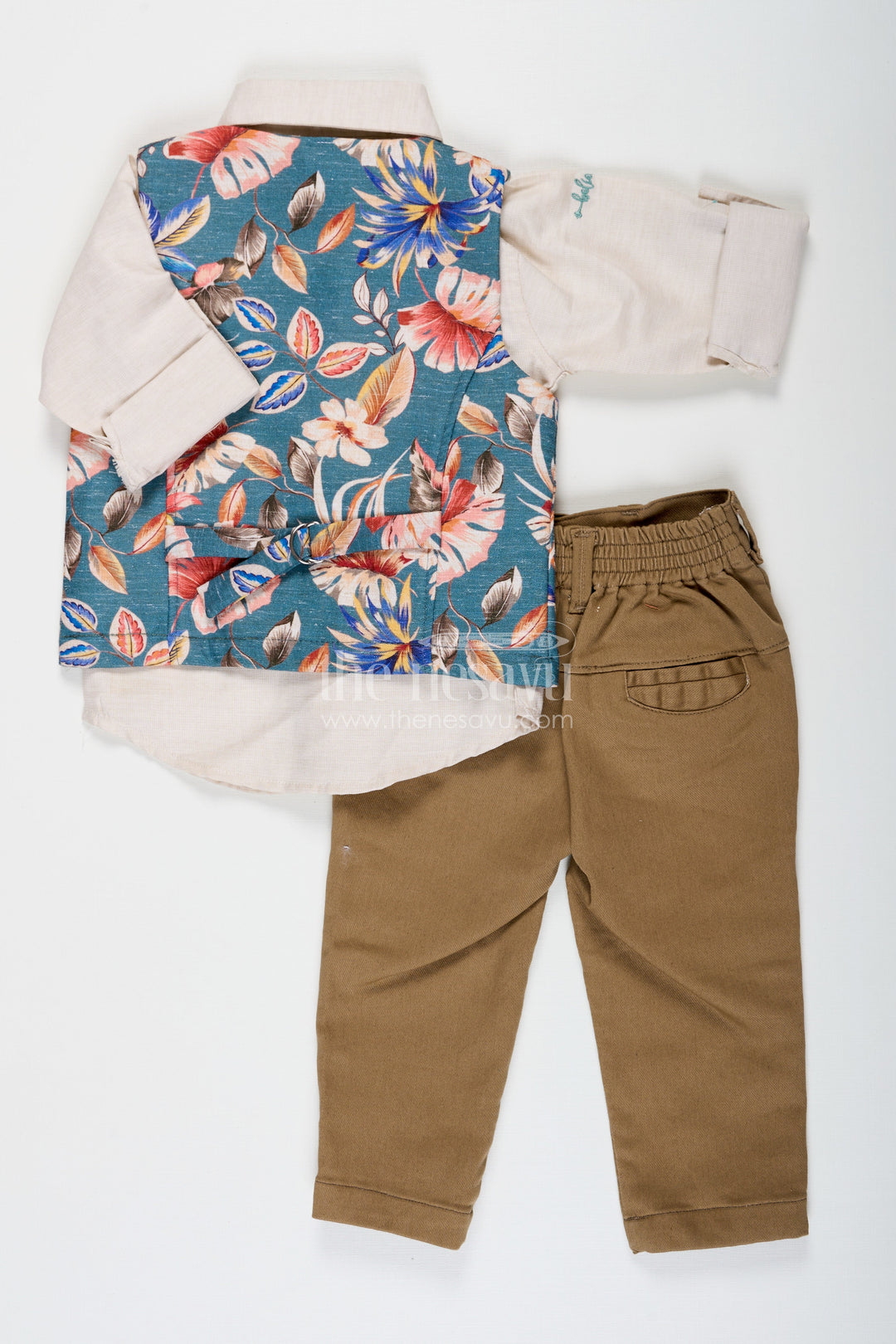 The Nesavu Boys Jacket Sets Designer Shirt Set for Boys with Cream Shirt and Green Floral Digital Print Jacket in Cotton Blend and Olive Bottoms Nesavu Designer Shirt Boys Jacket Set with Green Floral Print and Cotton Blend Fabric for Everyday Sophistication | The Nesavu