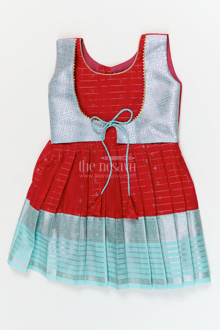 The Nesavu Girls Kanchi Silk Frock Designer Silk Frock for Toddler Girls Inspired by Kanchivaram Saree Patterns Nesavu 10 (NB) / Red / style 1 KSF011BA-10 Nesavu toddler girl designer silk frock with Kanchivaram inspired zari borders and chevron yoke