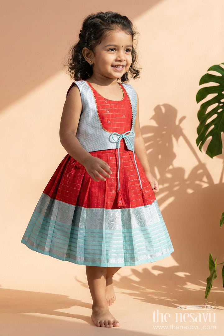 The Nesavu Girls Kanchi Silk Frock Designer Silk Frock for Toddler Girls Inspired by Kanchivaram Saree Patterns Nesavu 10 (NB) / Red / style 1 KSF011BA-10 Nesavu toddler girl designer silk frock with Kanchivaram inspired zari borders and chevron yoke