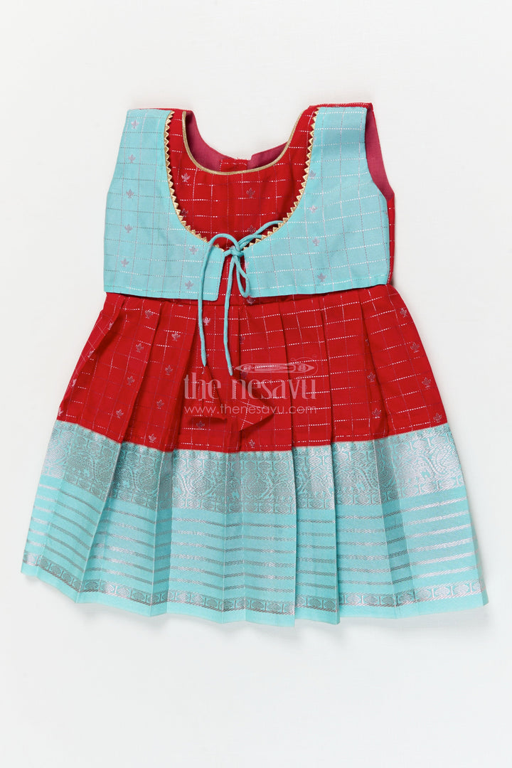 The Nesavu Girls Kanchi Silk Frock Designer Silk Frock for Toddler Girls Inspired by Kanchivaram Saree Patterns Nesavu 10 (NB) / Red / style 3 KSF011BC-10 Nesavu toddler girl designer silk frock with Kanchivaram inspired zari borders and chevron yoke