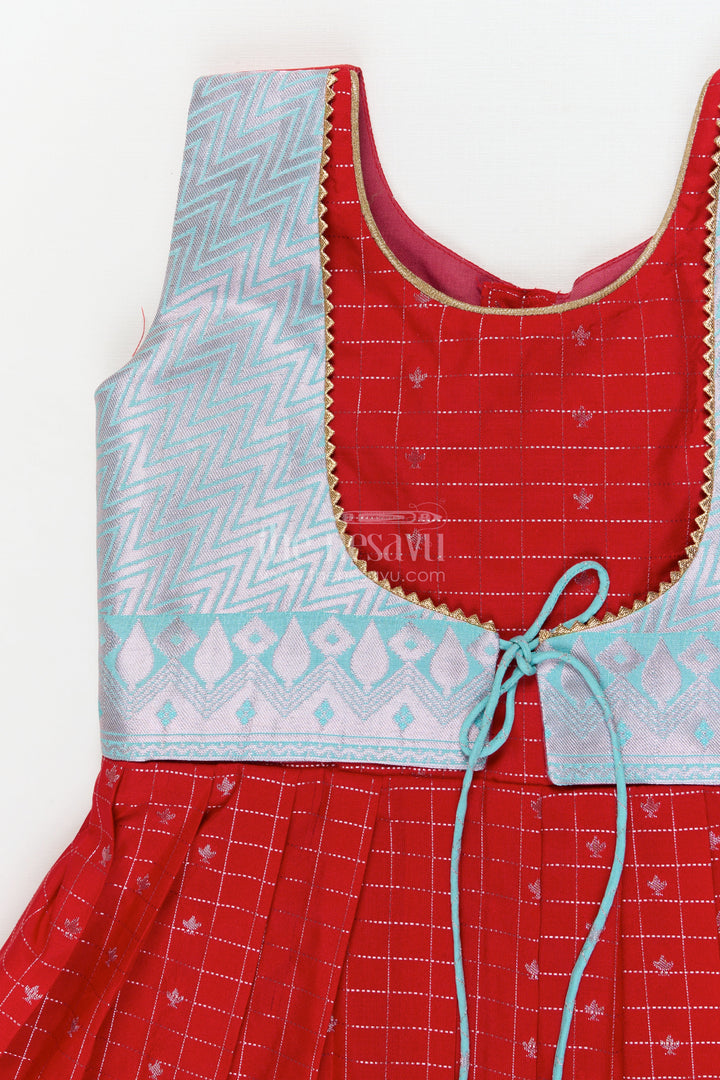 The Nesavu Girls Kanchi Silk Frock Designer Silk Frock for Toddler Girls Inspired by Kanchivaram Saree Patterns Nesavu Nesavu toddler girl designer silk frock with Kanchivaram inspired zari borders and chevron yoke