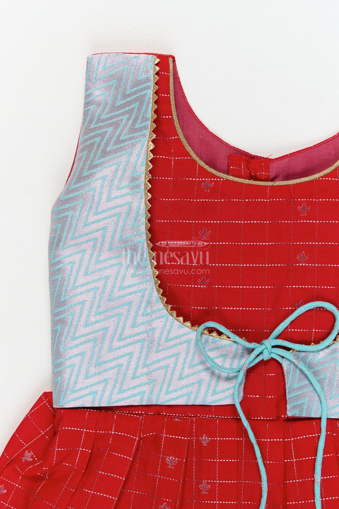 The Nesavu Girls Kanchi Silk Frock Designer Silk Frock for Toddler Girls Inspired by Kanchivaram Saree Patterns Nesavu Nesavu toddler girl designer silk frock with Kanchivaram inspired zari borders and chevron yoke