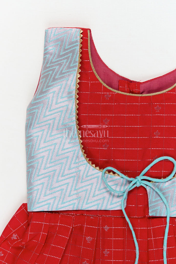 The Nesavu Girls Kanchi Silk Frock Designer Silk Frock for Toddler Girls Inspired by Kanchivaram Saree Patterns Nesavu Nesavu toddler girl designer silk frock with Kanchivaram inspired zari borders and chevron yoke