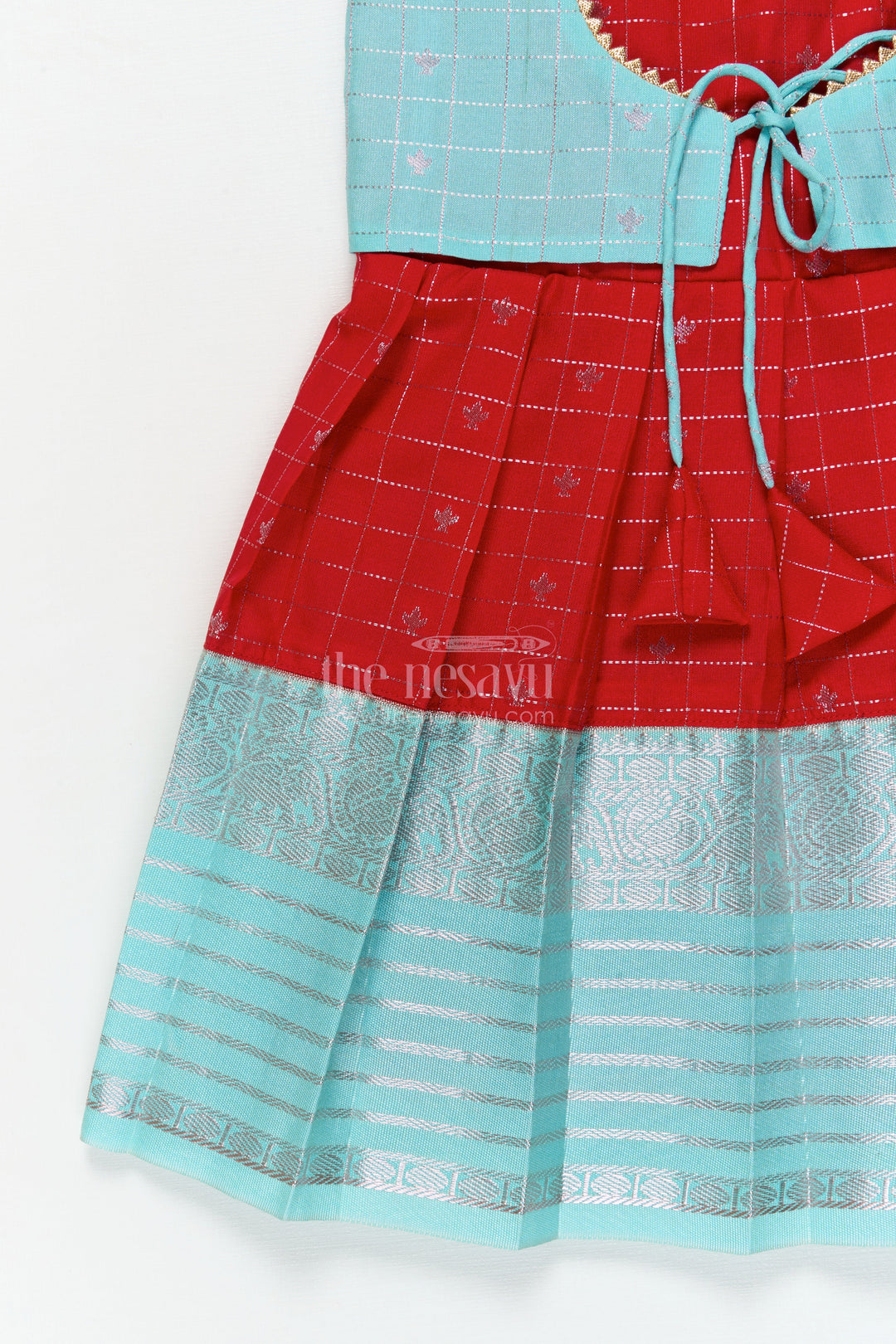 The Nesavu Girls Kanchi Silk Frock Designer Silk Frock for Toddler Girls Inspired by Kanchivaram Saree Patterns Nesavu Nesavu toddler girl designer silk frock with Kanchivaram inspired zari borders and chevron yoke
