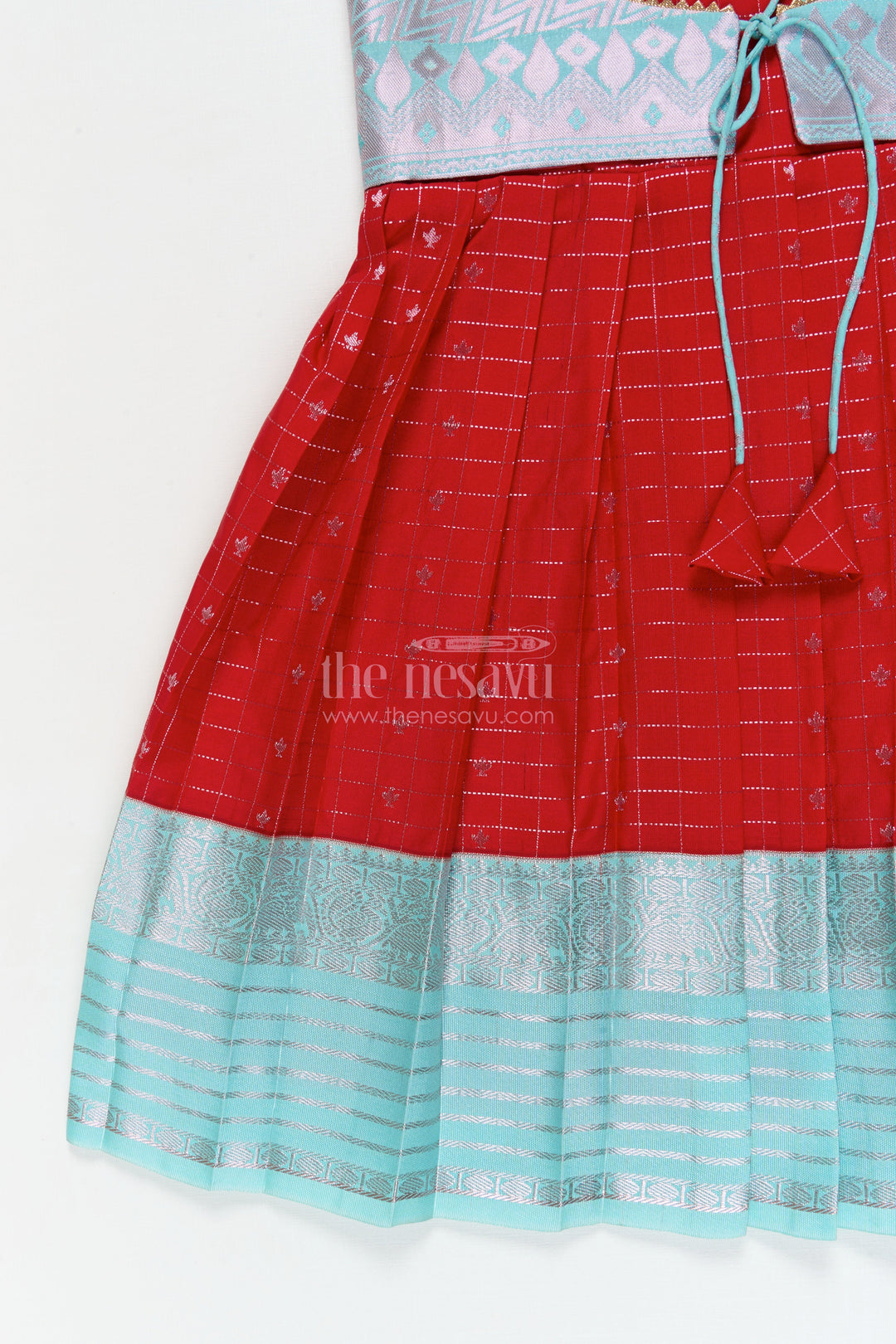 The Nesavu Girls Kanchi Silk Frock Designer Silk Frock for Toddler Girls Inspired by Kanchivaram Saree Patterns Nesavu Nesavu toddler girl designer silk frock with Kanchivaram inspired zari borders and chevron yoke