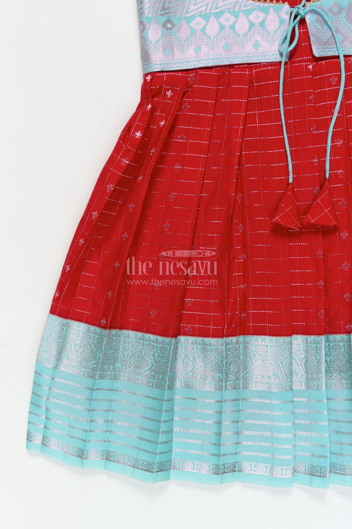 The Nesavu Girls Kanchi Silk Frock Designer Silk Frock for Toddler Girls Inspired by Kanchivaram Saree Patterns Nesavu Nesavu toddler girl designer silk frock with Kanchivaram inspired zari borders and chevron yoke
