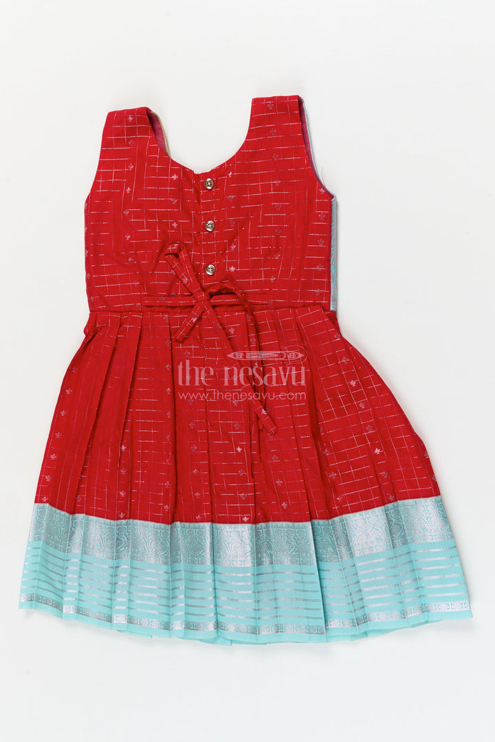 The Nesavu Girls Kanchi Silk Frock Designer Silk Frock for Toddler Girls Inspired by Kanchivaram Saree Patterns Nesavu Nesavu toddler girl designer silk frock with Kanchivaram inspired zari borders and chevron yoke