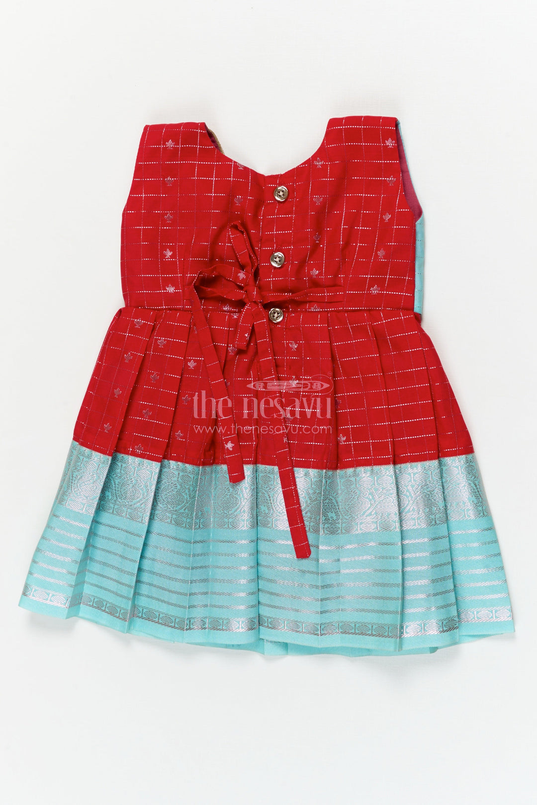 The Nesavu Girls Kanchi Silk Frock Designer Silk Frock for Toddler Girls Inspired by Kanchivaram Saree Patterns Nesavu Nesavu toddler girl designer silk frock with Kanchivaram inspired zari borders and chevron yoke