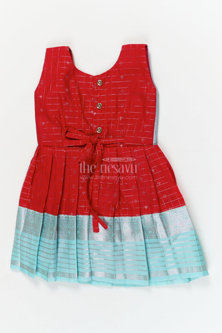 The Nesavu Girls Kanchi Silk Frock Designer Silk Frock for Toddler Girls Inspired by Kanchivaram Saree Patterns Nesavu Nesavu toddler girl designer silk frock with Kanchivaram inspired zari borders and chevron yoke