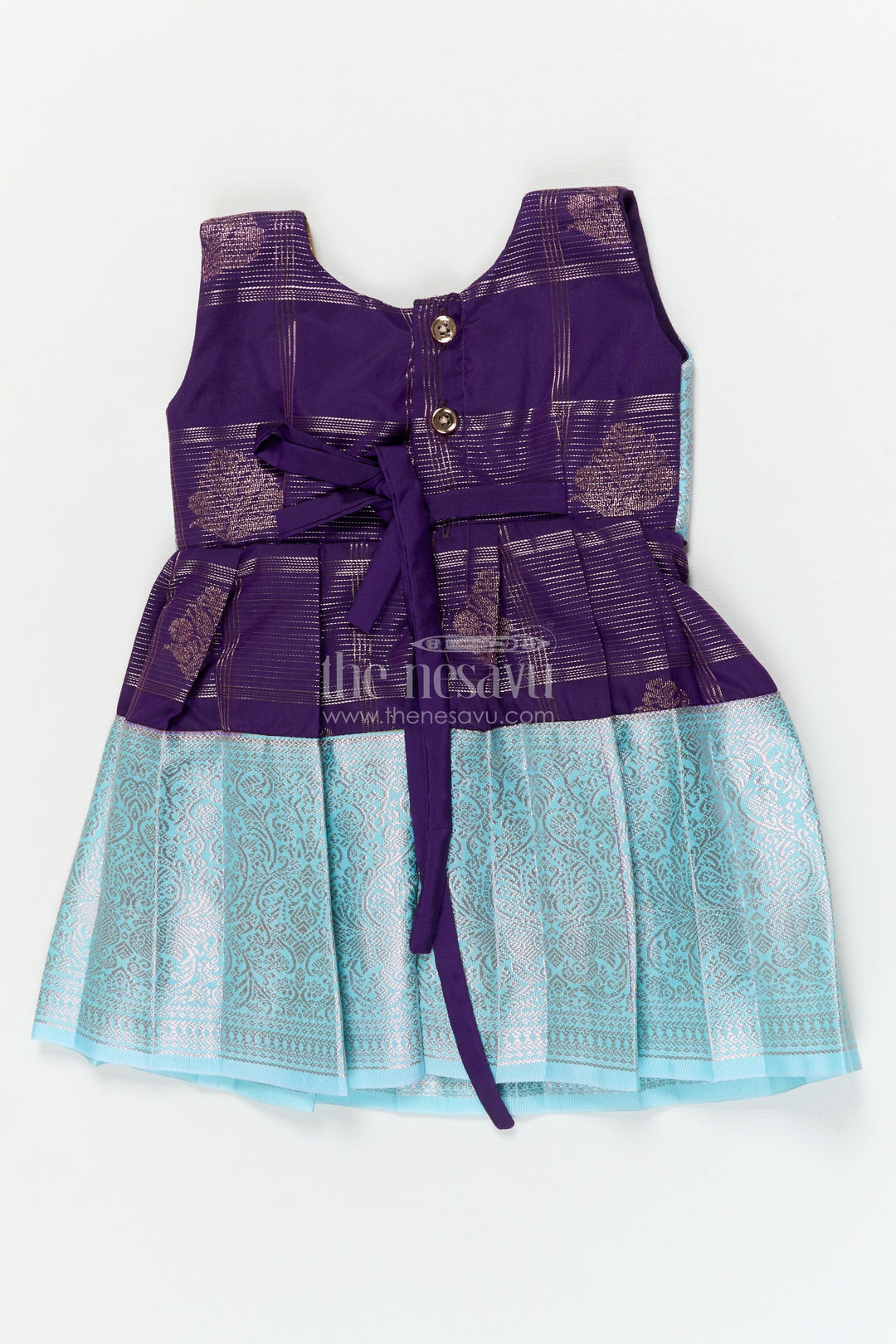 The Nesavu Girls Kanchi Silk Frock Designer Silk Frock for Toddler Girls with Kanchivaram Saree Inspired Zari Weaving Nesavu 10 (NB) / Blue / style 3 KSF038BC-10 Nesavu toddler girl designer silk frock with Kanchivaram saree inspired zari motifs and broad festive borders