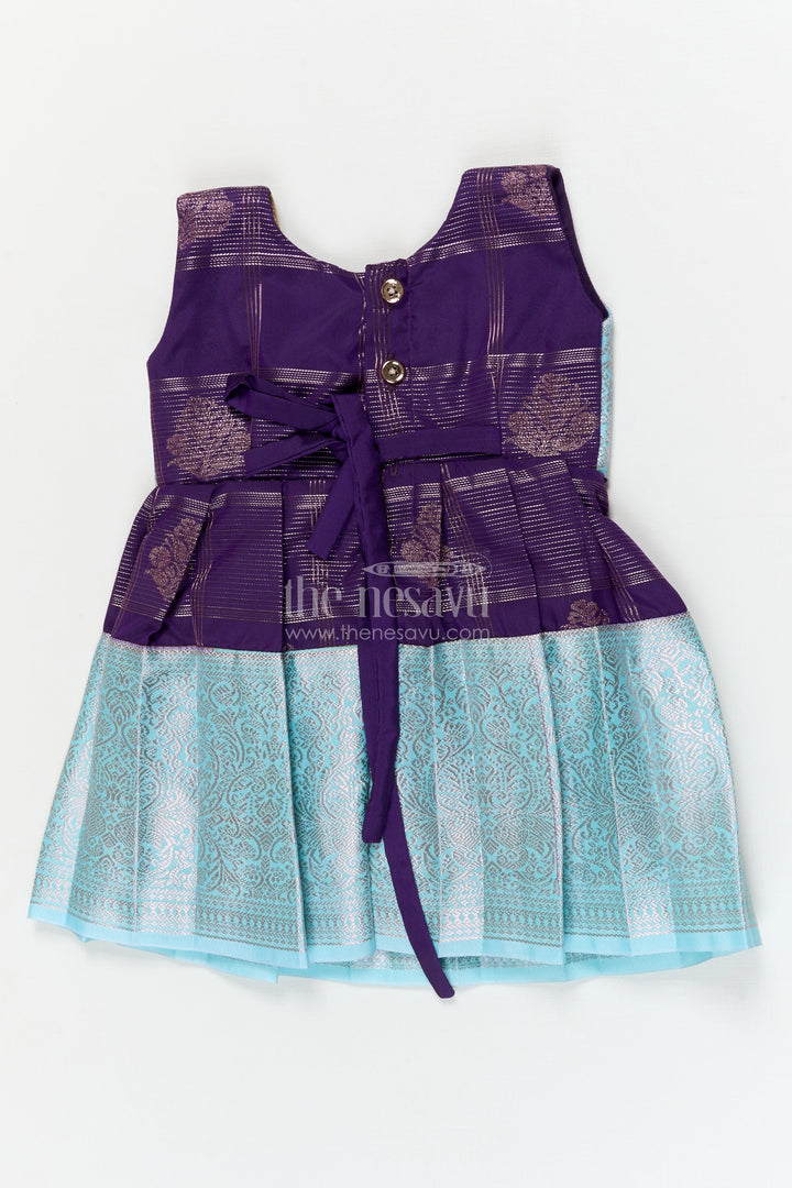 The Nesavu Girls Kanchi Silk Frock Designer Silk Frock for Toddler Girls with Kanchivaram Saree Inspired Zari Weaving Nesavu 10 (NB) / Blue / style 3 KSF038BC-10 Nesavu toddler girl designer silk frock with Kanchivaram saree inspired zari motifs and broad festive borders