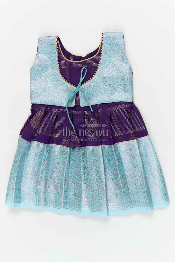 The Nesavu Girls Kanchi Silk Frock Designer Silk Frock for Toddler Girls with Kanchivaram Saree Inspired Zari Weaving Nesavu Nesavu toddler girl designer silk frock with Kanchivaram saree inspired zari motifs and broad festive borders