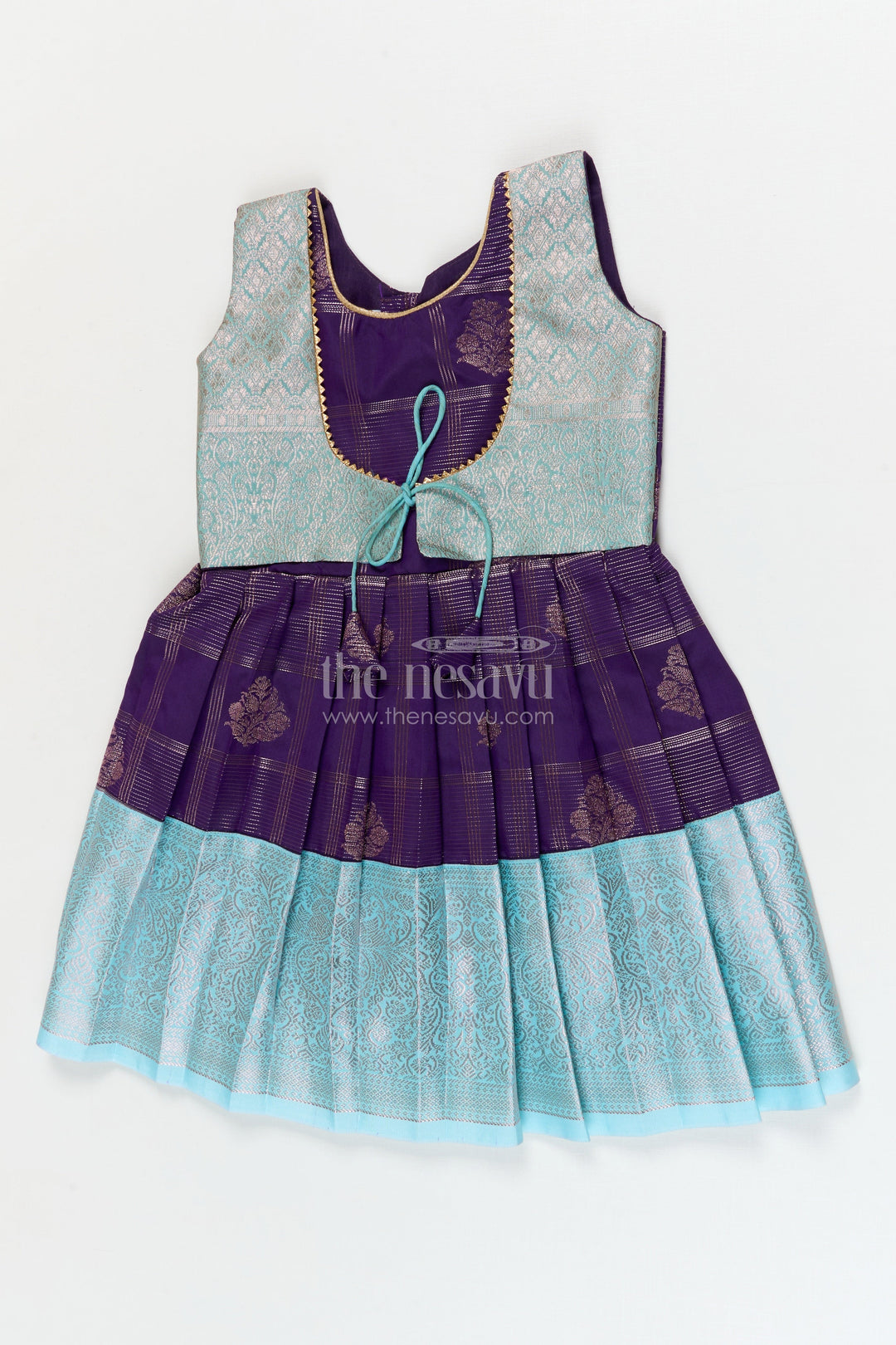 The Nesavu Girls Kanchi Silk Frock Designer Silk Frock for Toddler Girls with Kanchivaram Saree Inspired Zari Weaving Nesavu Nesavu toddler girl designer silk frock with Kanchivaram saree inspired zari motifs and broad festive borders