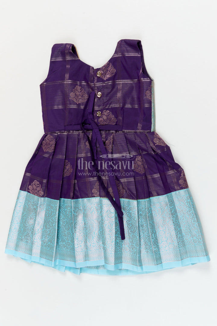 The Nesavu Girls Kanchi Silk Frock Designer Silk Frock for Toddler Girls with Kanchivaram Saree Inspired Zari Weaving Nesavu Nesavu toddler girl designer silk frock with Kanchivaram saree inspired zari motifs and broad festive borders