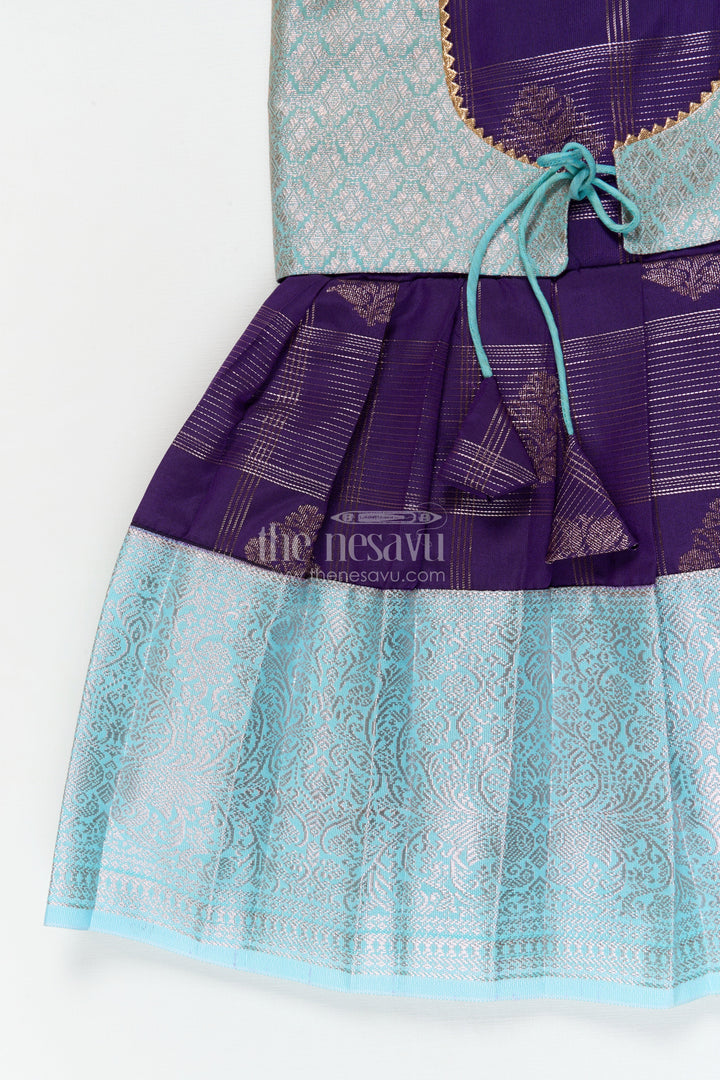 The Nesavu Girls Kanchi Silk Frock Designer Silk Frock for Toddler Girls with Kanchivaram Saree Inspired Zari Weaving Nesavu Nesavu toddler girl designer silk frock with Kanchivaram saree inspired zari motifs and broad festive borders