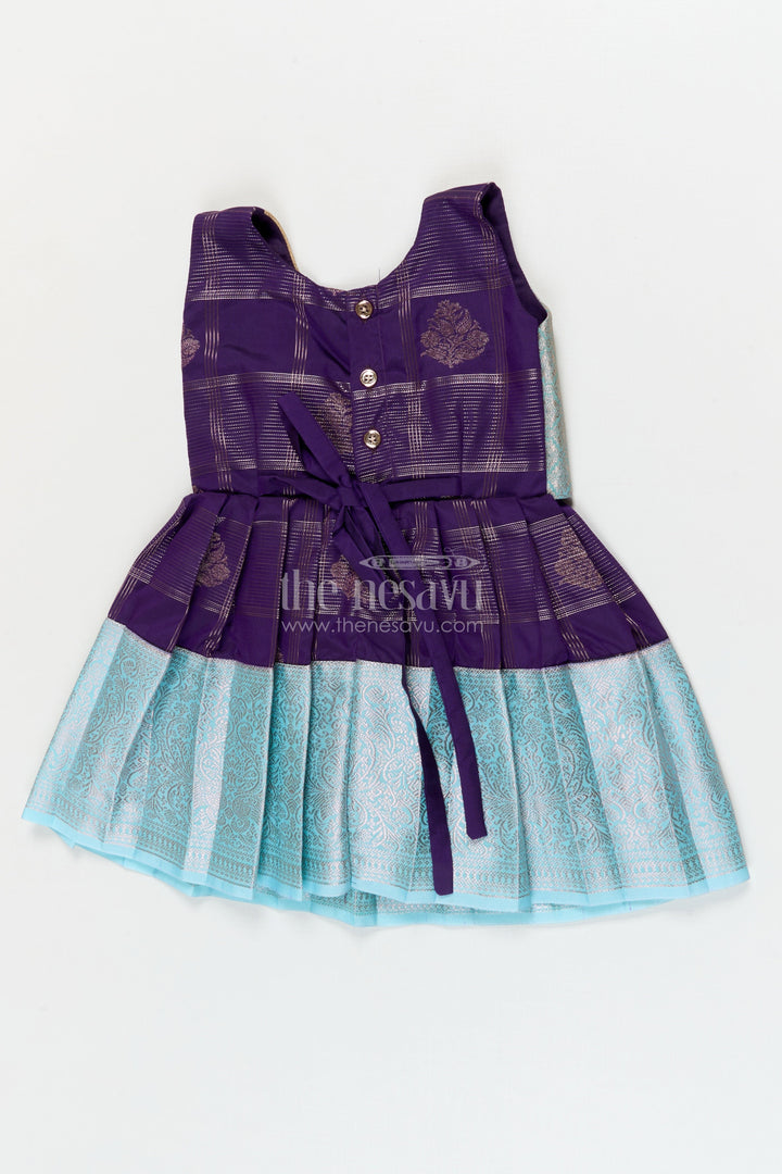 The Nesavu Girls Kanchi Silk Frock Designer Silk Frock for Toddler Girls with Kanchivaram Saree Inspired Zari Weaving Nesavu Nesavu toddler girl designer silk frock with Kanchivaram saree inspired zari motifs and broad festive borders