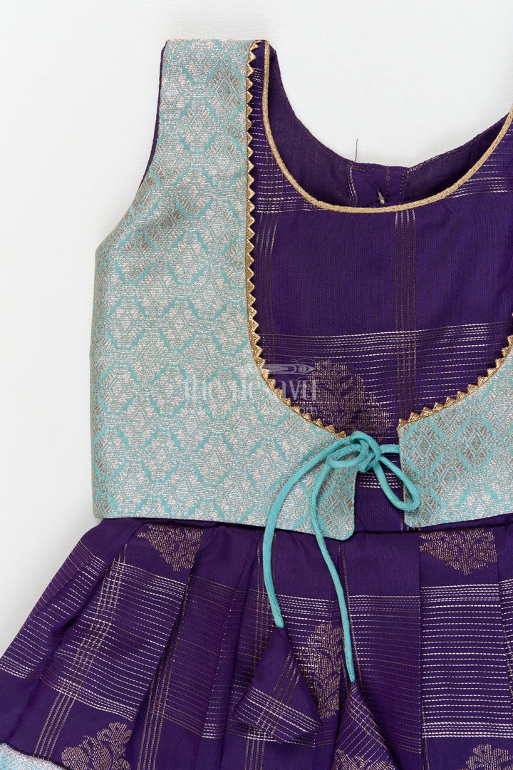 The Nesavu Girls Kanchi Silk Frock Designer Silk Frock for Toddler Girls with Kanchivaram Saree Inspired Zari Weaving Nesavu Nesavu toddler girl designer silk frock with Kanchivaram saree inspired zari motifs and broad festive borders