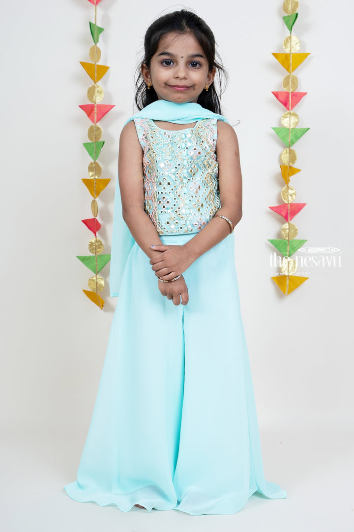 Designer Sky Blue Palazzo Suit For Girls Kids With Dupatta