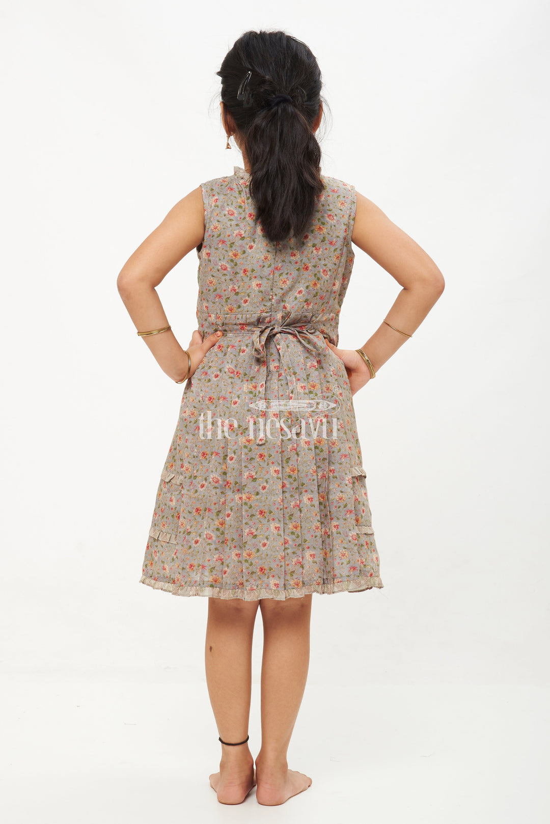 The Nesavu Girls Cotton Frock Designer Sleeveless A-Line Cotton Frock with Floral Print and Embroidered Yoke Nesavu Designer Sleeveless A-Line Cotton Frock with Floral Print and Embroidery