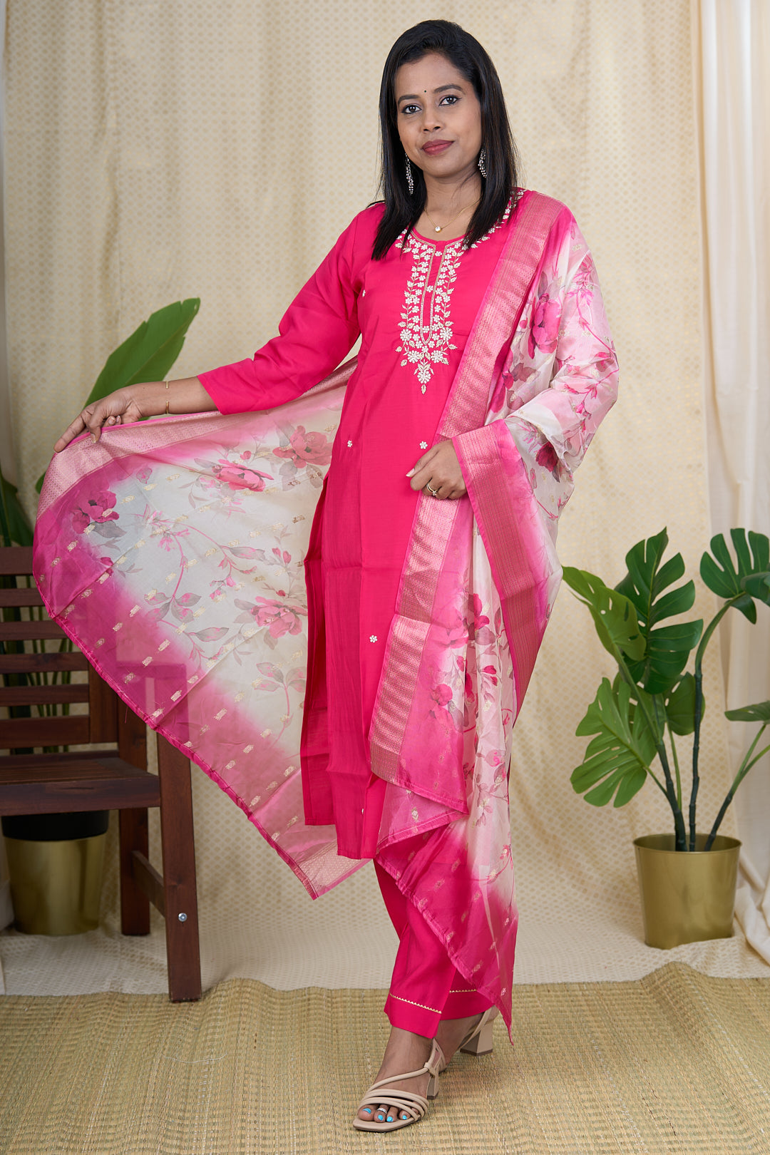 The Nesavu Womens Straight Suit Sets Designer Zardari and Pearl Embroidered Salwar Suit with Floral Dupatta Nesavu 38 (M) / Pink / Viscose Silk WTH011A-38 Zardari and Pearl Embroidered Salwar Suit for Women | Designer Floral Dupatta