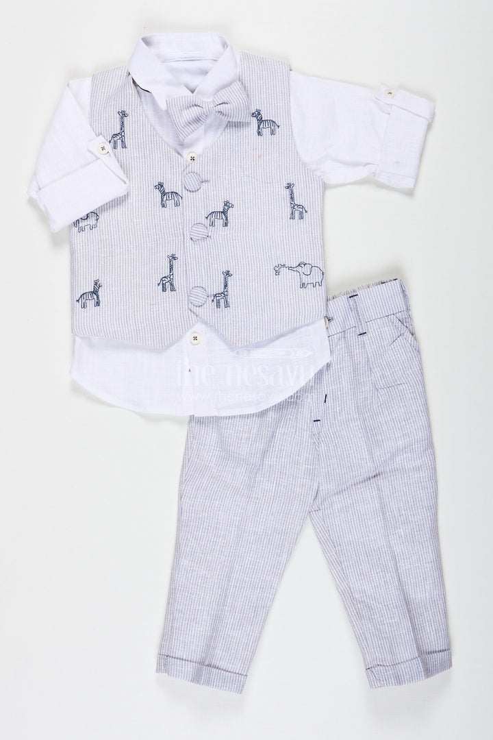 The Nesavu Boys Jacket Sets Designers Shirts for Boys with Striped Animal Print Jacket in Soft Cotton and Matching Pants for Modern Style Nesavu 16 (1Y) / Gray BCS224A-16 Designers Shirts Set for Boys with Cotton Animal Digital Print Jacket and Striped Pants | The Nesavu