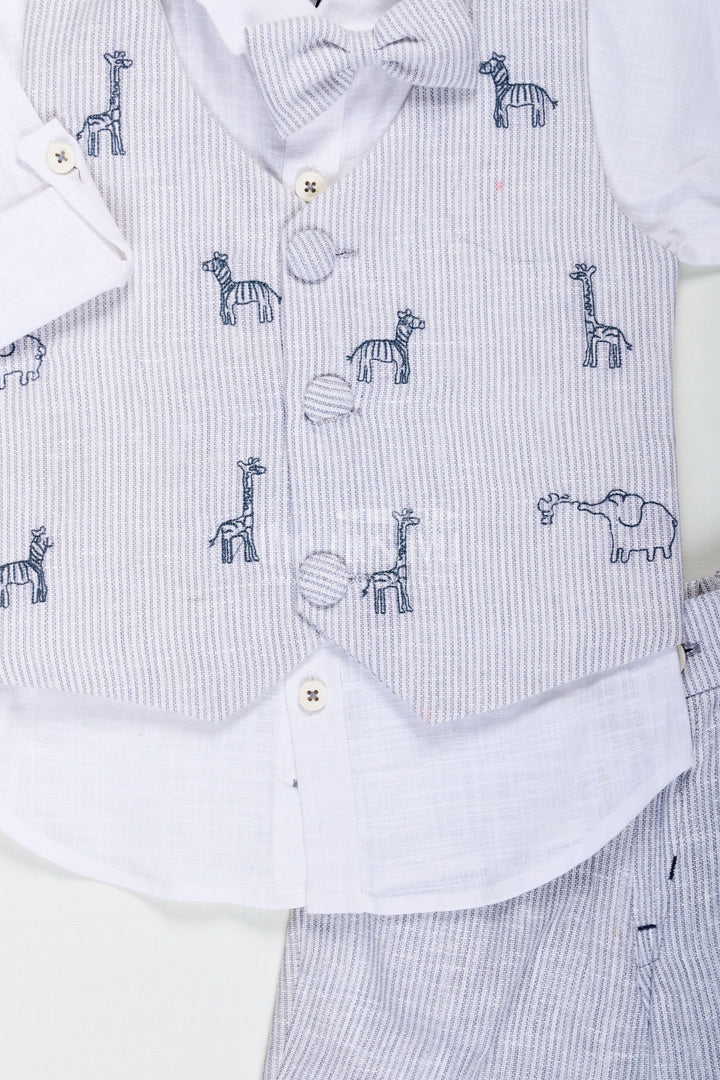 The Nesavu Boys Jacket Sets Designers Shirts for Boys with Striped Animal Print Jacket in Soft Cotton and Matching Pants for Modern Style Nesavu Designers Shirts Set for Boys with Cotton Animal Digital Print Jacket and Striped Pants | The Nesavu