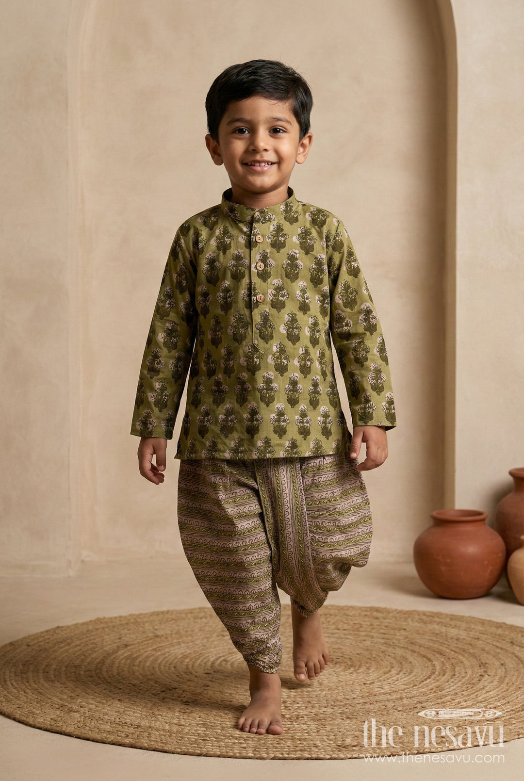The Nesavu Boys Dothi Set Dhoti Kurta Set for Boys Cultural Celebration Outfit Nesavu 12 (3M) / Green BES720A-12 Nesavu Green Cotton Boys Dhoti Kurta Set Traditional Block Print Indian Celebrations
