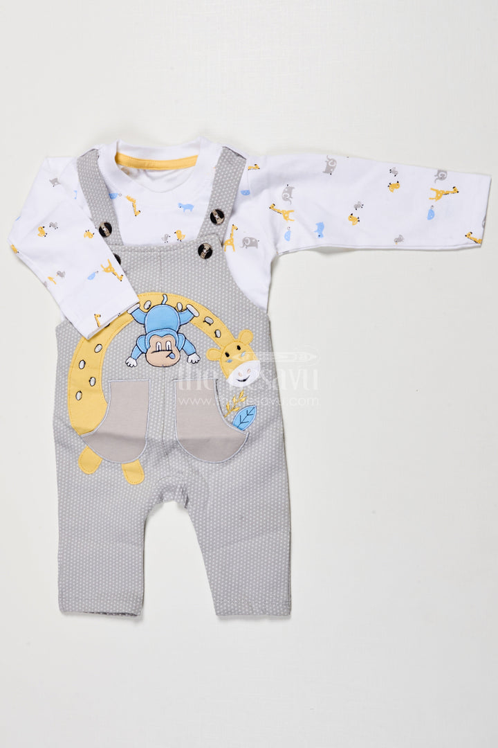 The Nesavu Baby Dungarees Digital Print Baby Dungaree Set for Cozy Wear and Travel Days Nesavu 14 (6M) / Gray BCS509A-14 Nesavu baby dungaree set digitally printed cotton travel all-day comfort