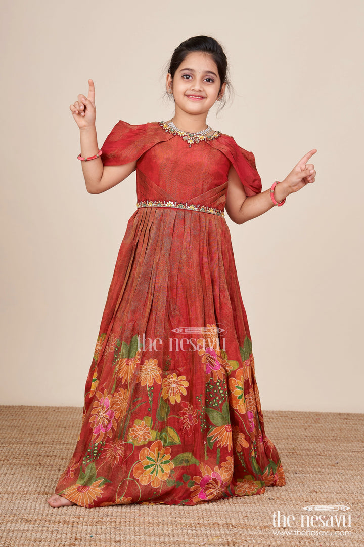 The Nesavu Girls Silk Gown Digital Print Silk Gown for Girls for Parties and Family Photoshoots Nesavu 24 (5Y) / Maroon GA333A-24 Nesavu digital print silk gown girls viscose  ideal parties festive occasions family photos