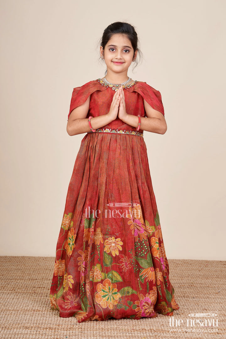 The Nesavu Girls Silk Gown Digital Print Silk Gown for Girls for Parties and Family Photoshoots Nesavu Nesavu digital print silk gown girls viscose  ideal parties festive occasions family photos