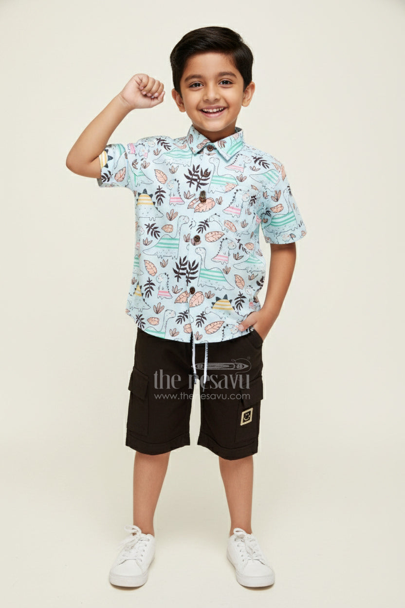 The Nesavu Boys Casual Set Dinosaur Print Cotton Shirt and Shorts for Toddler Boys Nesavu 18 (2Y) / Green BCS355A-18 Nesavu Mint Green Dinosaur Jungle Print Shirt Black Shorts Cotton Set Toddler Boys