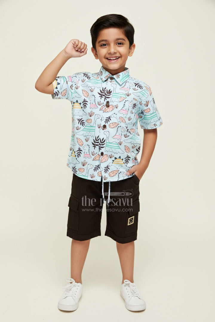 The Nesavu Boys Casual Set Dinosaur Print Cotton Shirt and Shorts for Toddler Boys Nesavu 18 (2Y) / Green BCS355A-18 Nesavu Mint Green Dinosaur Jungle Print Shirt Black Shorts Cotton Set Toddler Boys