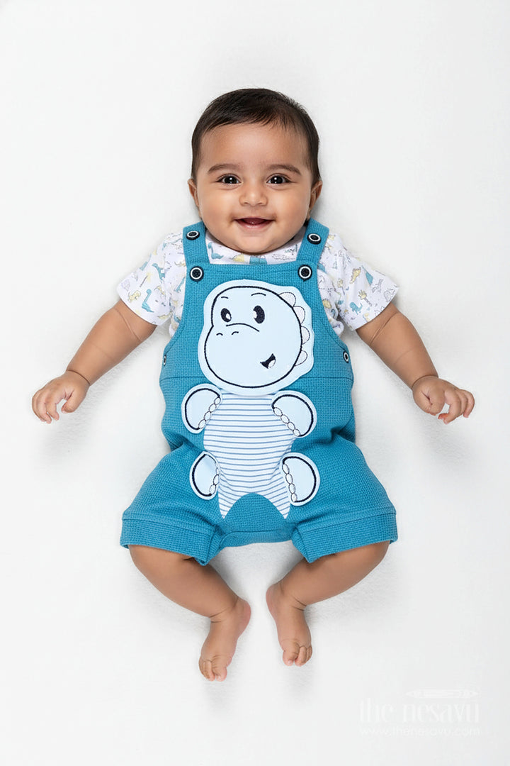 The Nesavu Boys Casual Set Dinosaur Print Set for Boys in Blue Cotton Waffle Knit with Embellished Patch and Printed Tee Nesavu 14 (6M) / Blue BCS297B-14 Nesavu Dinosaur Print Set Baby Boys Blue Waffle Knit Cotton Dino Embellishment