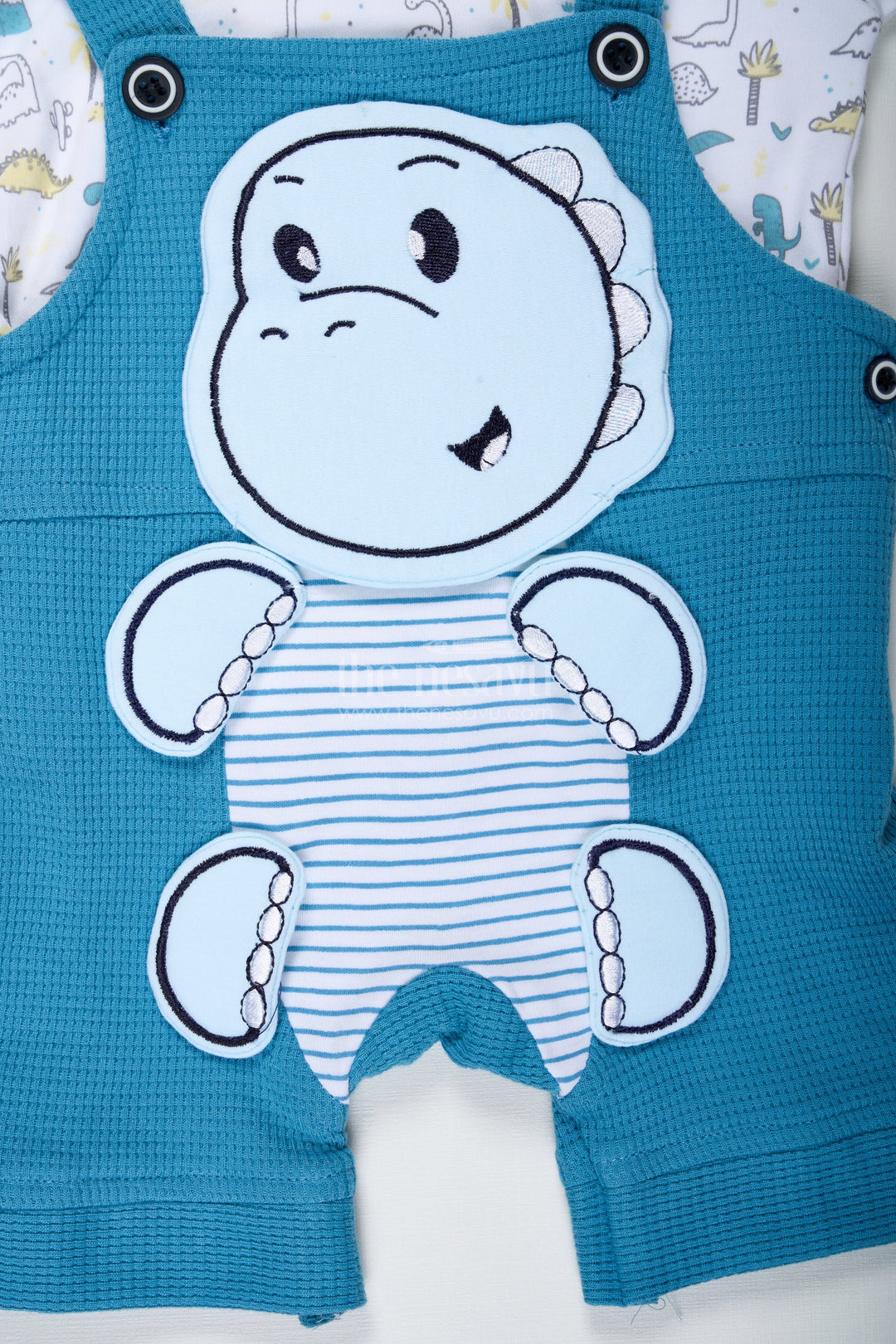 The Nesavu Boys Casual Set Dinosaur Print Set for Boys in Blue Cotton Waffle Knit with Embellished Patch and Printed Tee Nesavu Nesavu Dinosaur Print Set Baby Boys Blue Waffle Knit Cotton Dino Embellishment