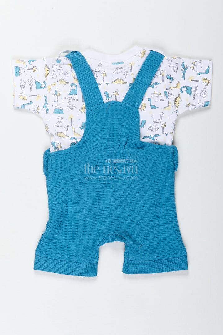 The Nesavu Boys Casual Set Dinosaur Print Set for Boys in Blue Cotton Waffle Knit with Embellished Patch and Printed Tee Nesavu Nesavu Dinosaur Print Set Baby Boys Blue Waffle Knit Cotton Dino Embellishment