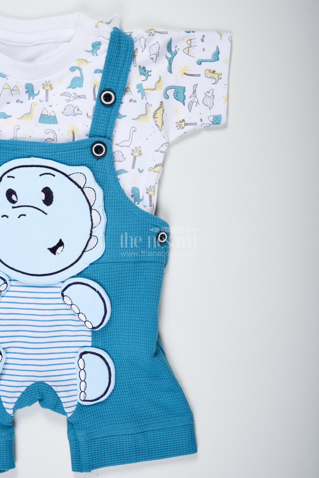 The Nesavu Boys Casual Set Dinosaur Print Set for Boys in Blue Cotton Waffle Knit with Embellished Patch and Printed Tee Nesavu Nesavu Dinosaur Print Set Baby Boys Blue Waffle Knit Cotton Dino Embellishment