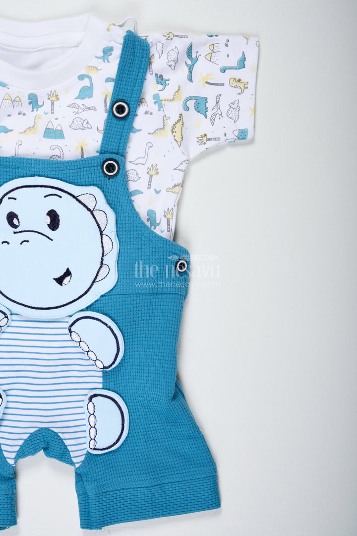 The Nesavu Boys Casual Set Dinosaur Print Set for Boys in Blue Cotton Waffle Knit with Embellished Patch and Printed Tee Nesavu Nesavu Dinosaur Print Set Baby Boys Blue Waffle Knit Cotton Dino Embellishment
