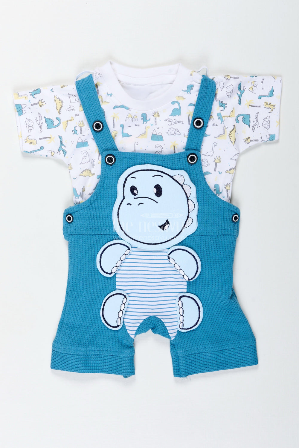 The Nesavu Boys Casual Set Dinosaur Print Set for Boys in Blue Cotton Waffle Knit with Embellished Patch and Printed Tee Nesavu Nesavu Dinosaur Print Set Baby Boys Blue Waffle Knit Cotton Dino Embellishment